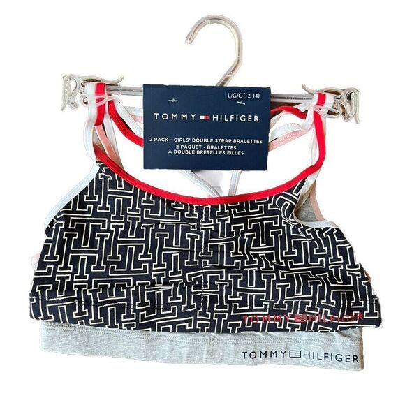 Tommy Hilfiger Girls Double Strap Bralettes Blue and Gray with Logo Size L 2 Pk - Picture 1 of 2